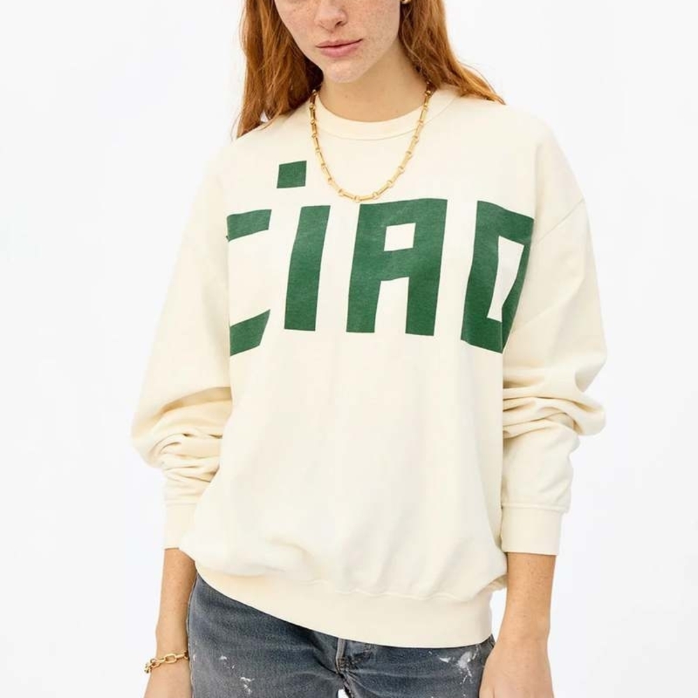 Clare V Cream Sweatshirt with Green 'CIAO' Print S Anthropologie